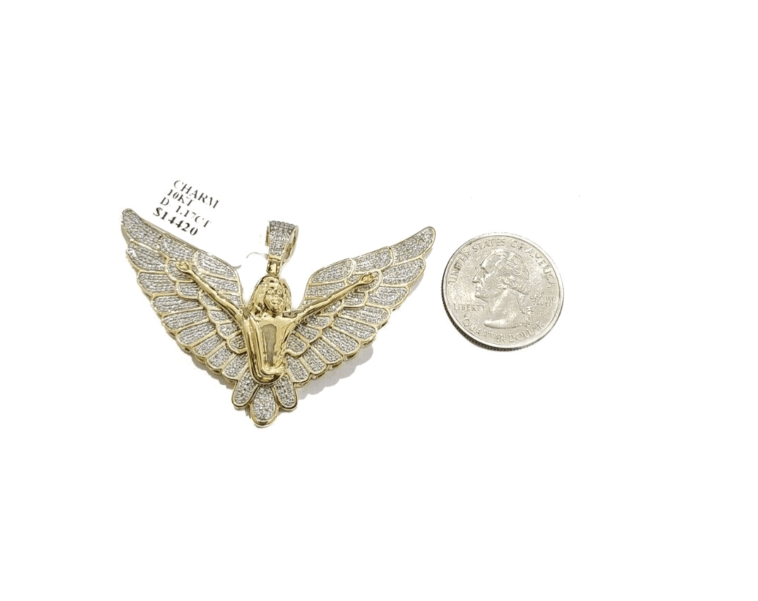 Real 10k Yellow Gold Angel Wing Diamond 1.17CT Charm Pendant 10kt for Chain - GoldenlinQ